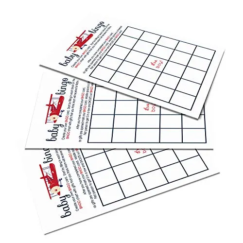 Baby Shower Bingo Game Cards - 25-Pack, Airplane Theme, Red & Blue Landing Soon Design