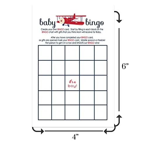 Baby Shower Bingo Game Cards - 25-Pack, Airplane Theme, Red & Blue Landing Soon Design