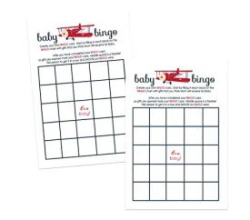 Baby Shower Bingo Game Cards - 25-Pack, Airplane Theme, Red & Blue Landing Soon Design