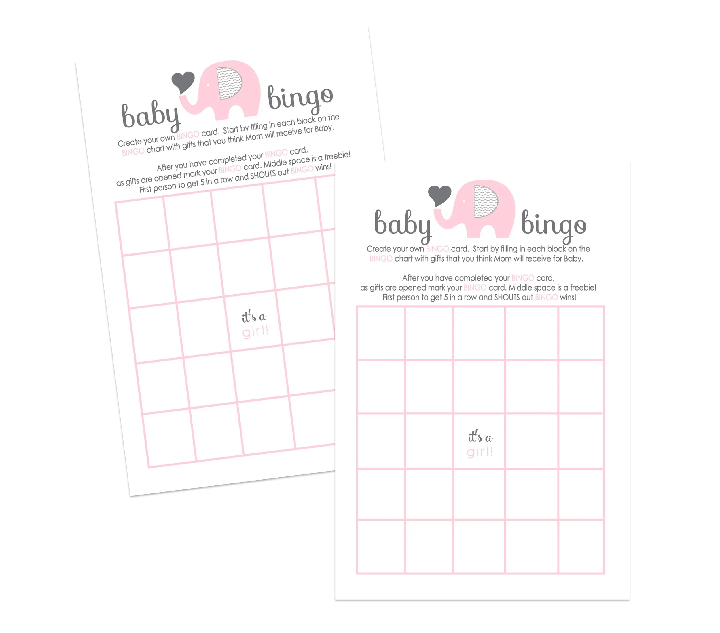 Baby Shower Bingo Game Cards - 25-Pack, Girl’s Jungle Animal Theme, Pink Elephant Design