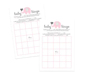 Baby Shower Bingo Game Cards - 25-Pack, Girl’s Jungle Animal Theme, Pink Elephant Design