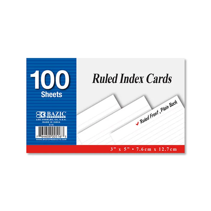 BAZIC 100 Ct. 3" X 5" Ruled White Index Card