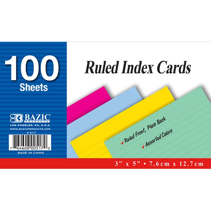 BAZIC 100 Ct. 3" X 5" Ruled White Index Card