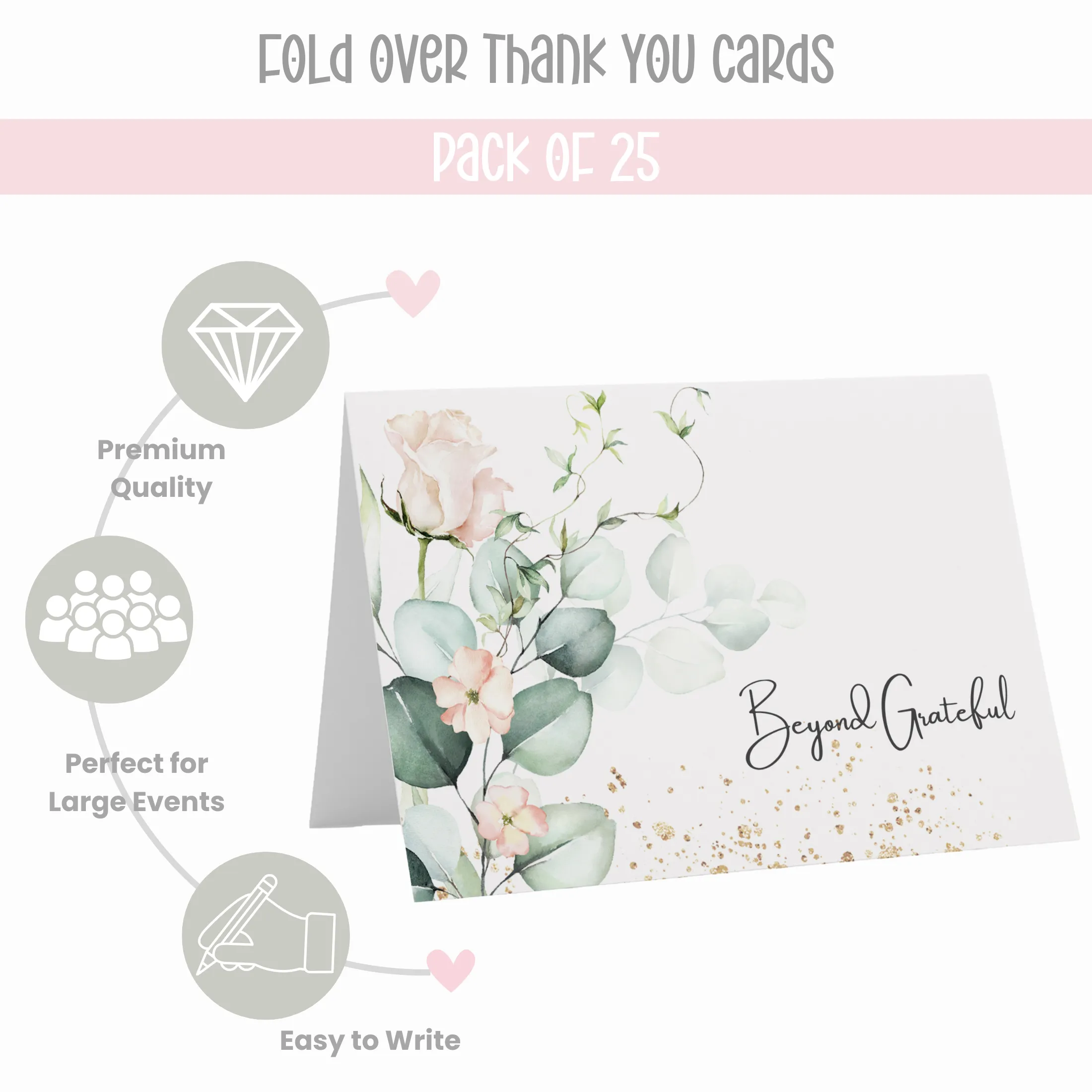 Blush Blooms Floral Thank You Cards - 25-Pack Exquisite Notecards for Bridal Showers, Weddings