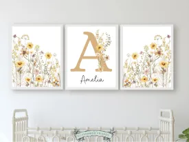 Boho Yellow Wildflower Nursery Prints - Personalised