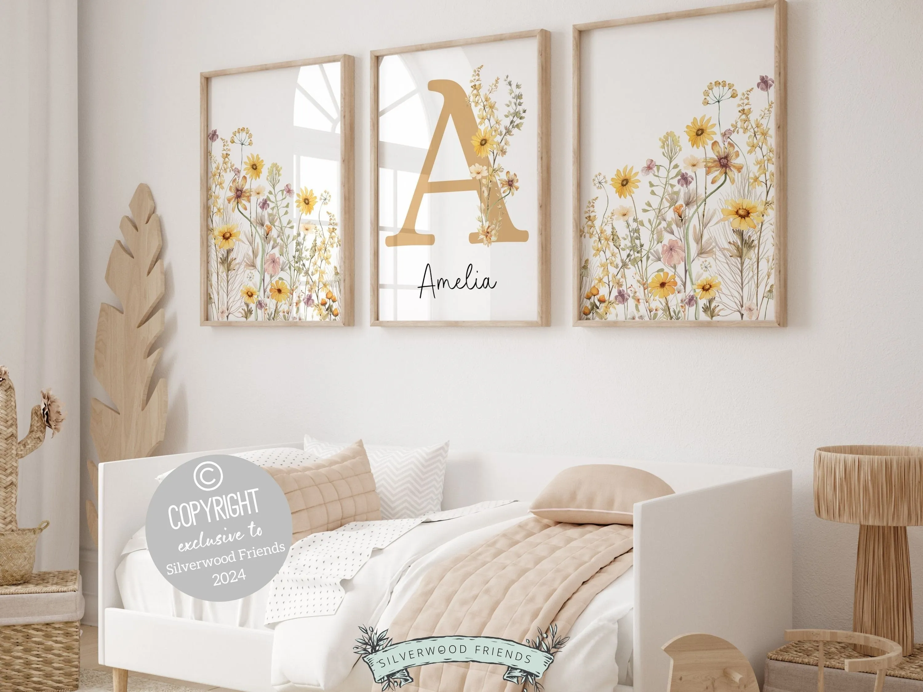 Boho Yellow Wildflower Nursery Prints - Personalised