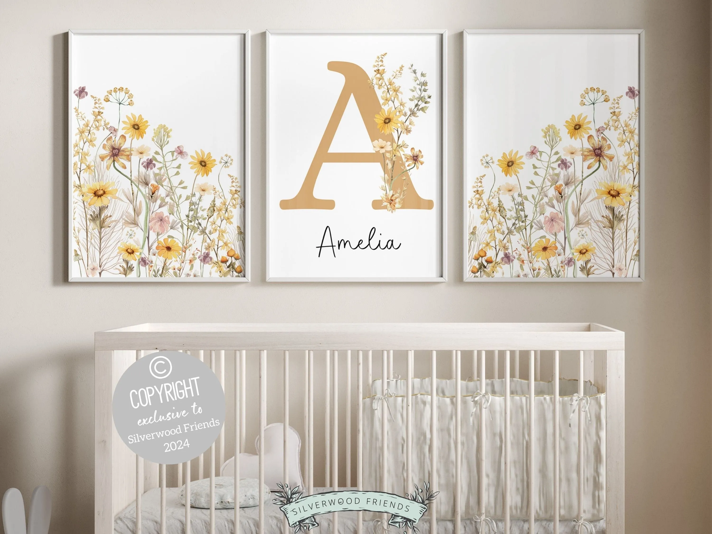 Boho Yellow Wildflower Nursery Prints - Personalised