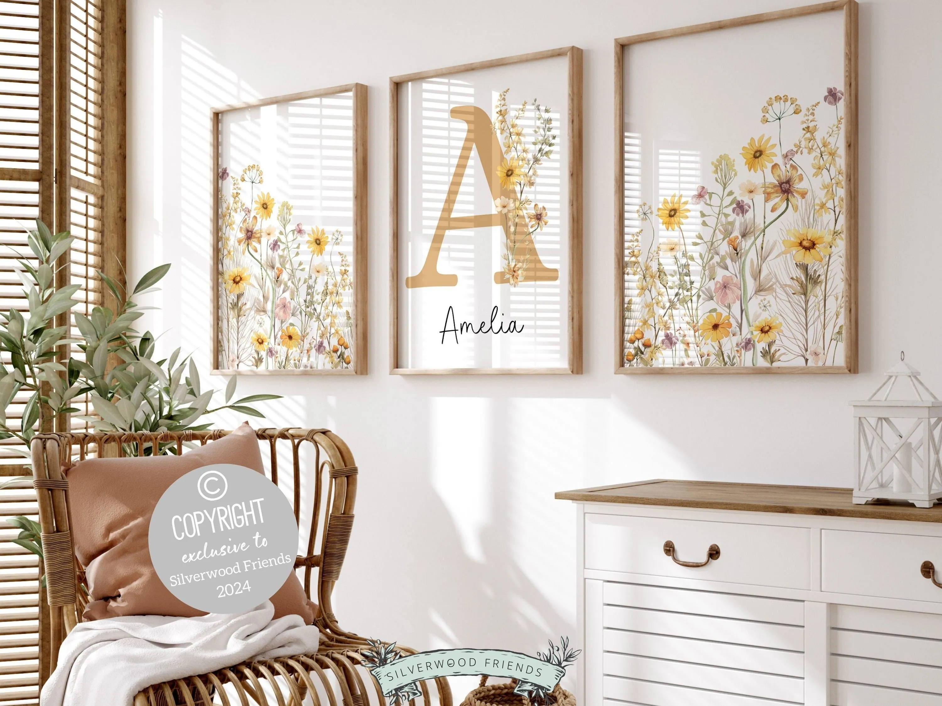 Boho Yellow Wildflower Nursery Prints - Personalised