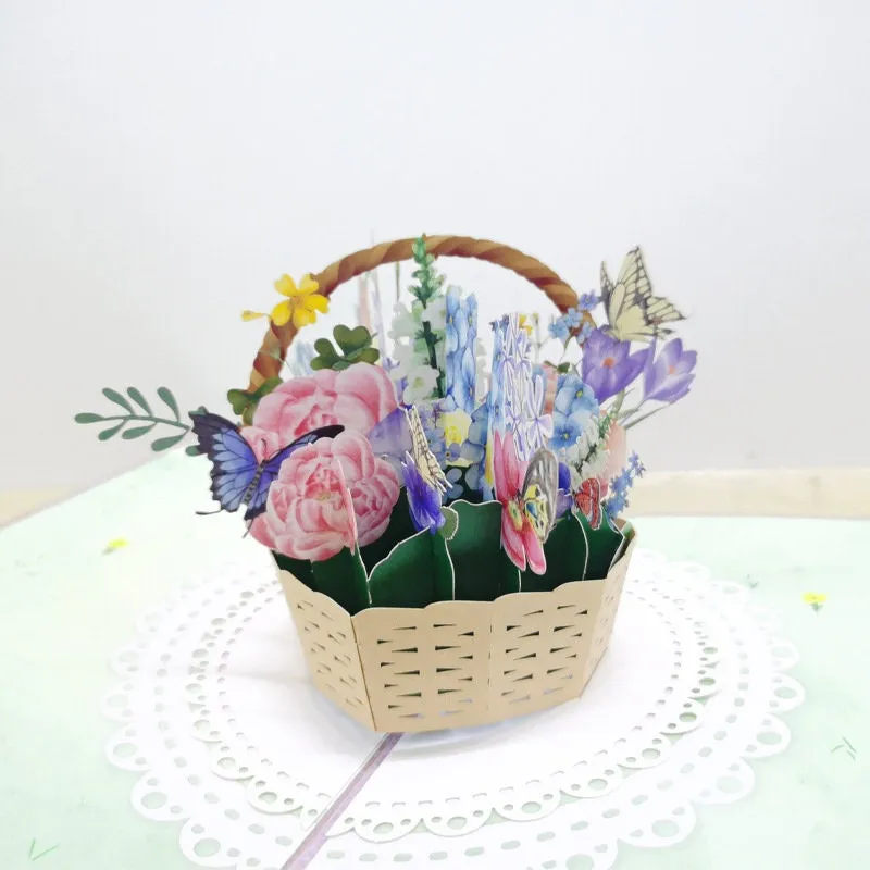 Butterfly & Flowers Basket 3D Handmade Pop Up Greeting Card: Perfect for Thinking of You, Congrats, Happy Wedding, Mother day Birthday Thank