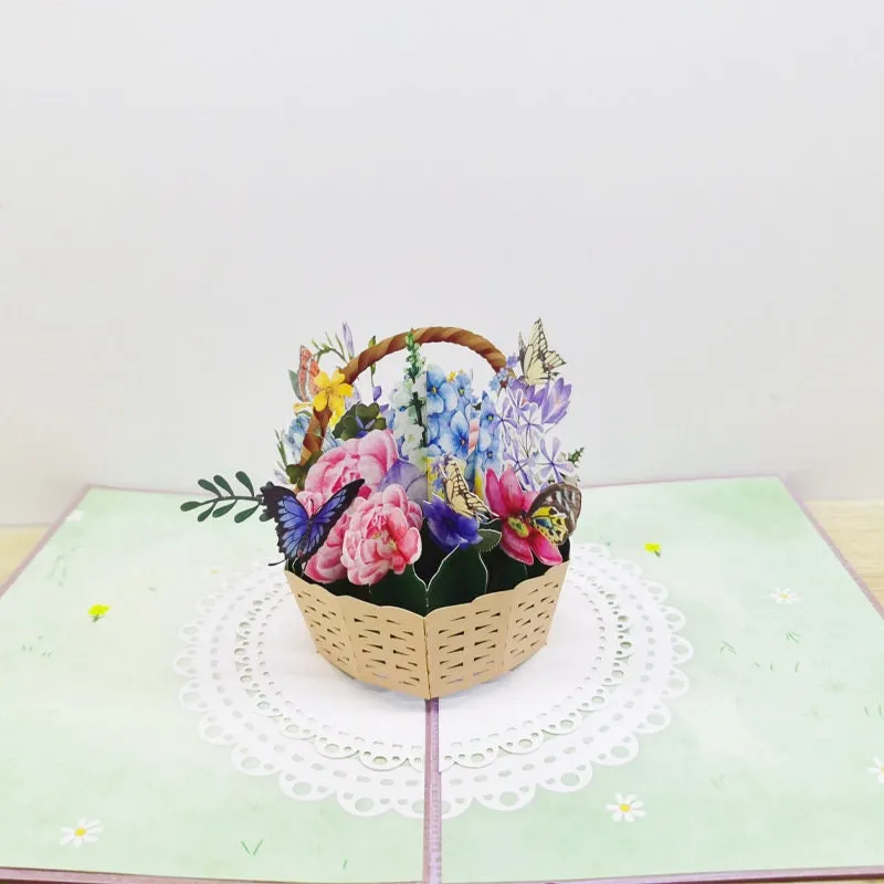 Butterfly & Flowers Basket 3D Handmade Pop Up Greeting Card: Perfect for Thinking of You, Congrats, Happy Wedding, Mother day Birthday Thank