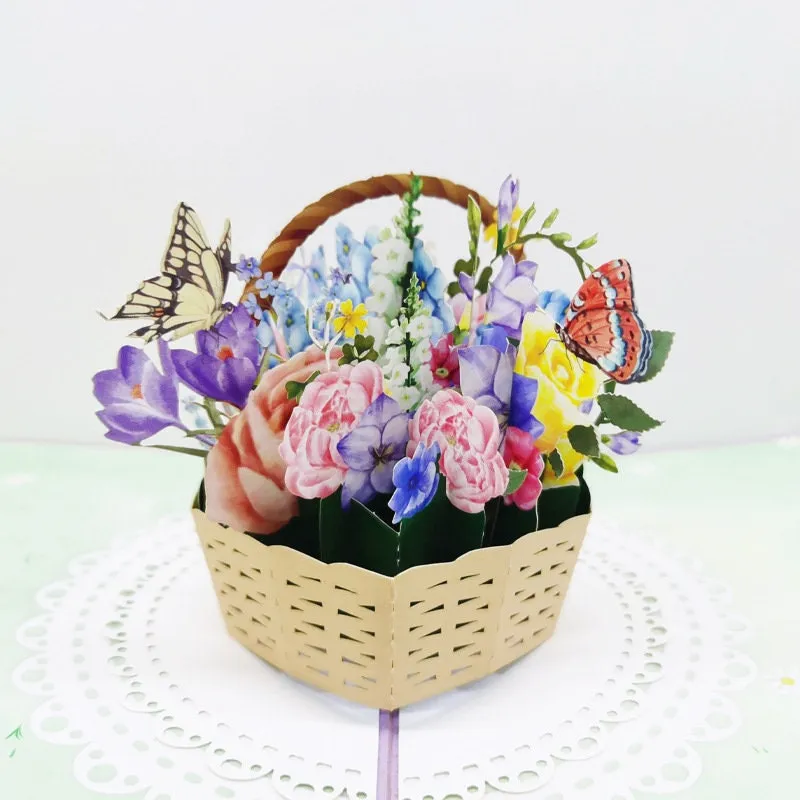 Butterfly & Flowers Basket 3D Handmade Pop Up Greeting Card: Perfect for Thinking of You, Congrats, Happy Wedding, Mother day Birthday Thank