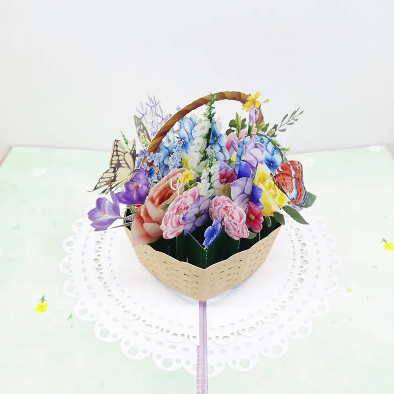 Butterfly & Flowers Basket 3D Handmade Pop Up Greeting Card: Perfect for Thinking of You, Congrats, Happy Wedding, Mother day Birthday Thank