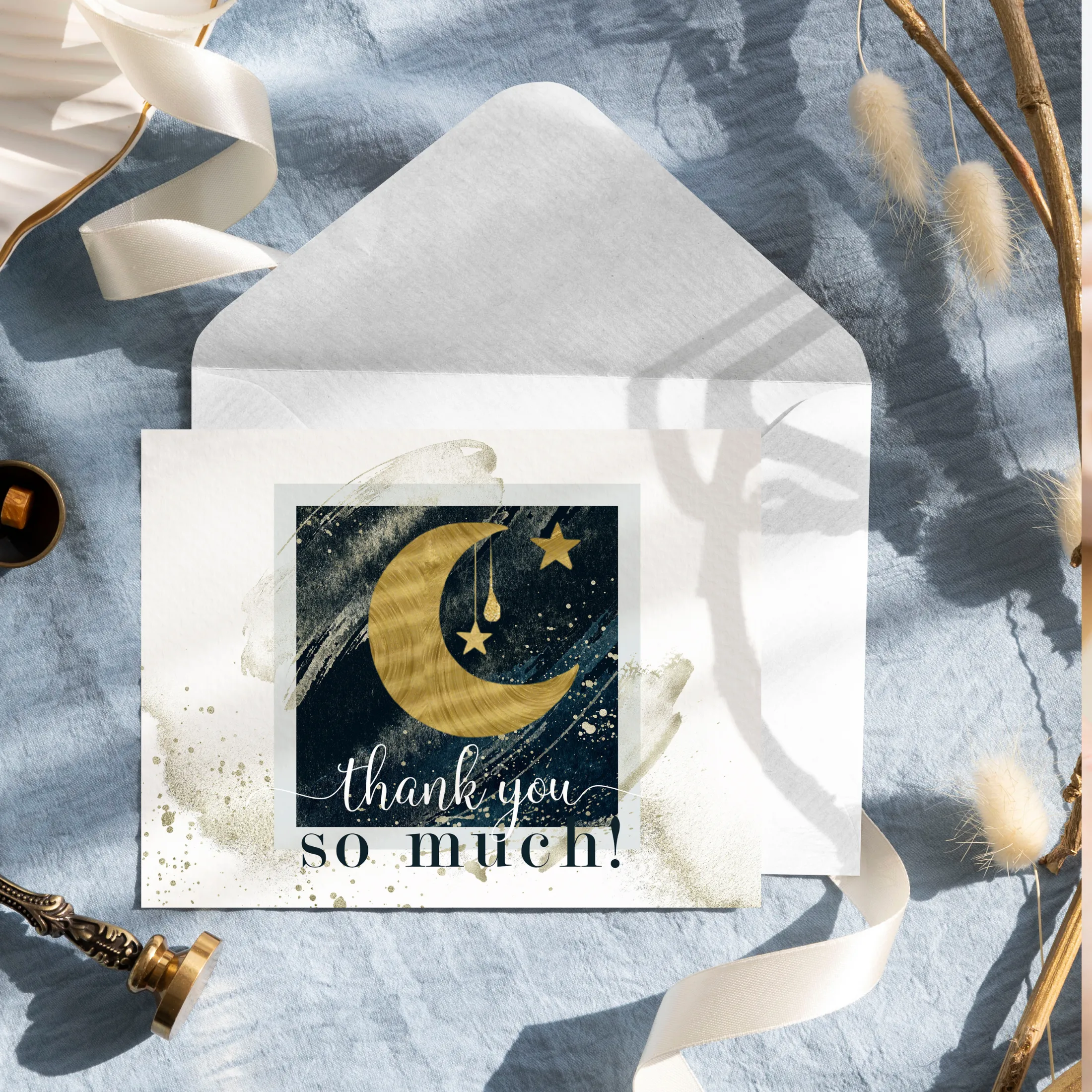 Celestial Star & Moon Themed Thank You Cards - 25-Pack, Blue and Gold Notecards with Envelopes