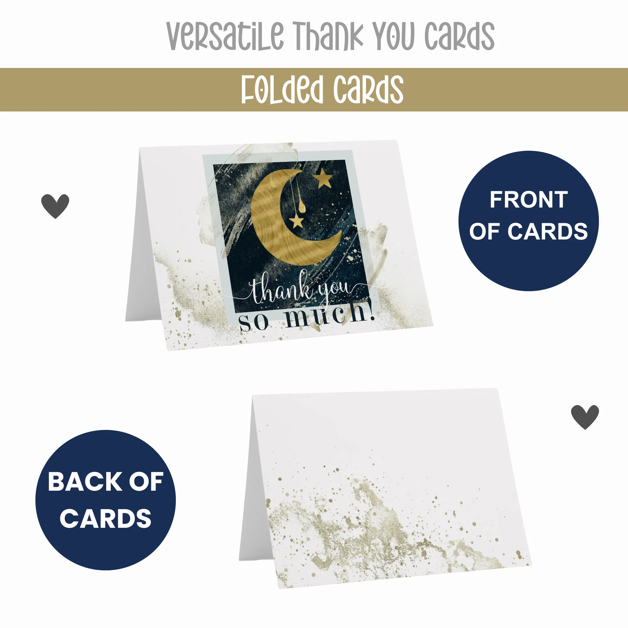 Celestial Star & Moon Themed Thank You Cards - 25-Pack, Blue and Gold Notecards with Envelopes