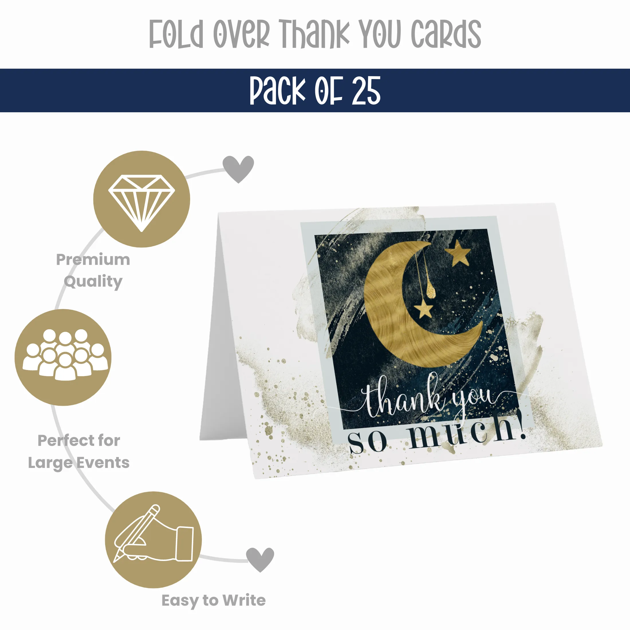 Celestial Star & Moon Themed Thank You Cards - 25-Pack, Blue and Gold Notecards with Envelopes