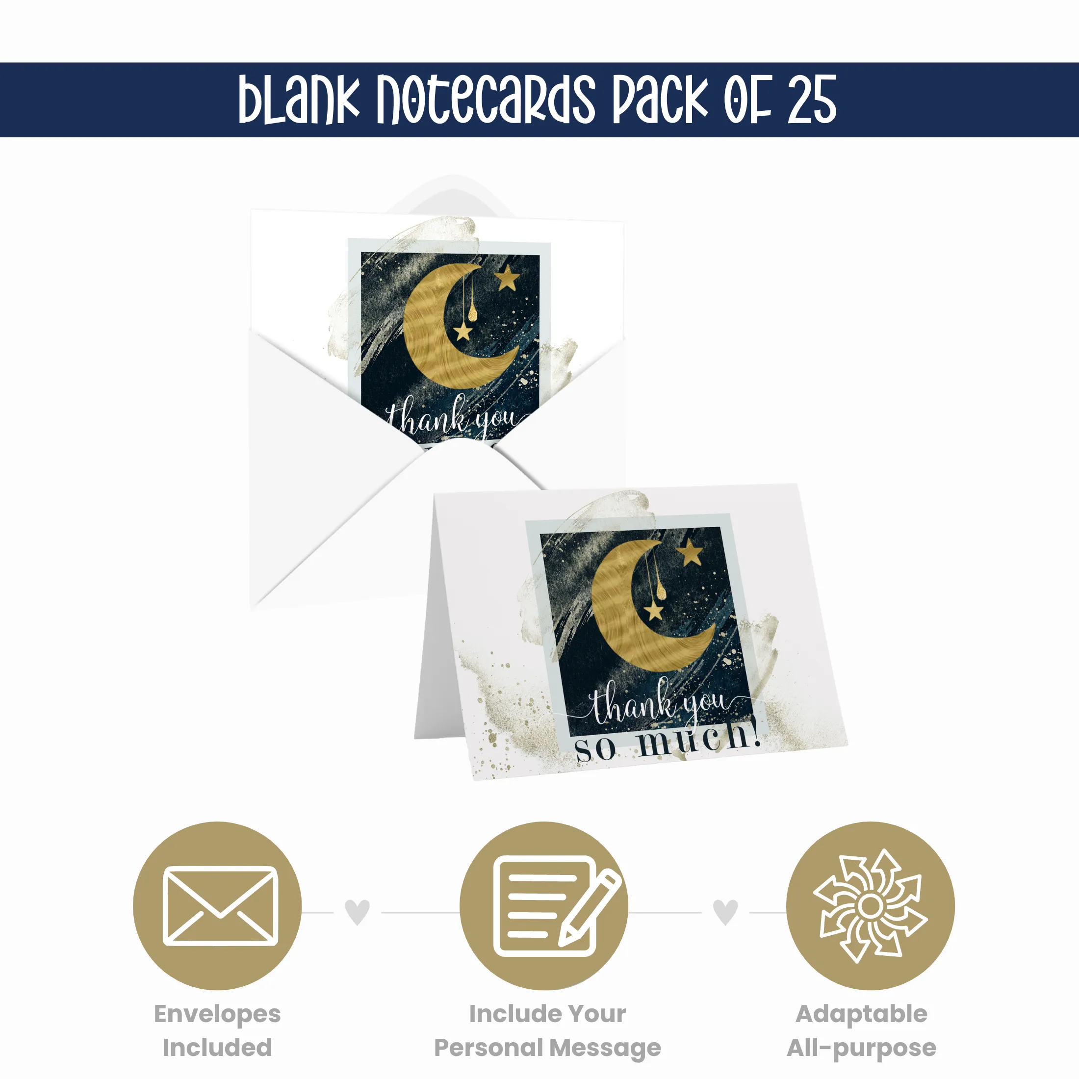 Celestial Star & Moon Themed Thank You Cards - 25-Pack, Blue and Gold Notecards with Envelopes