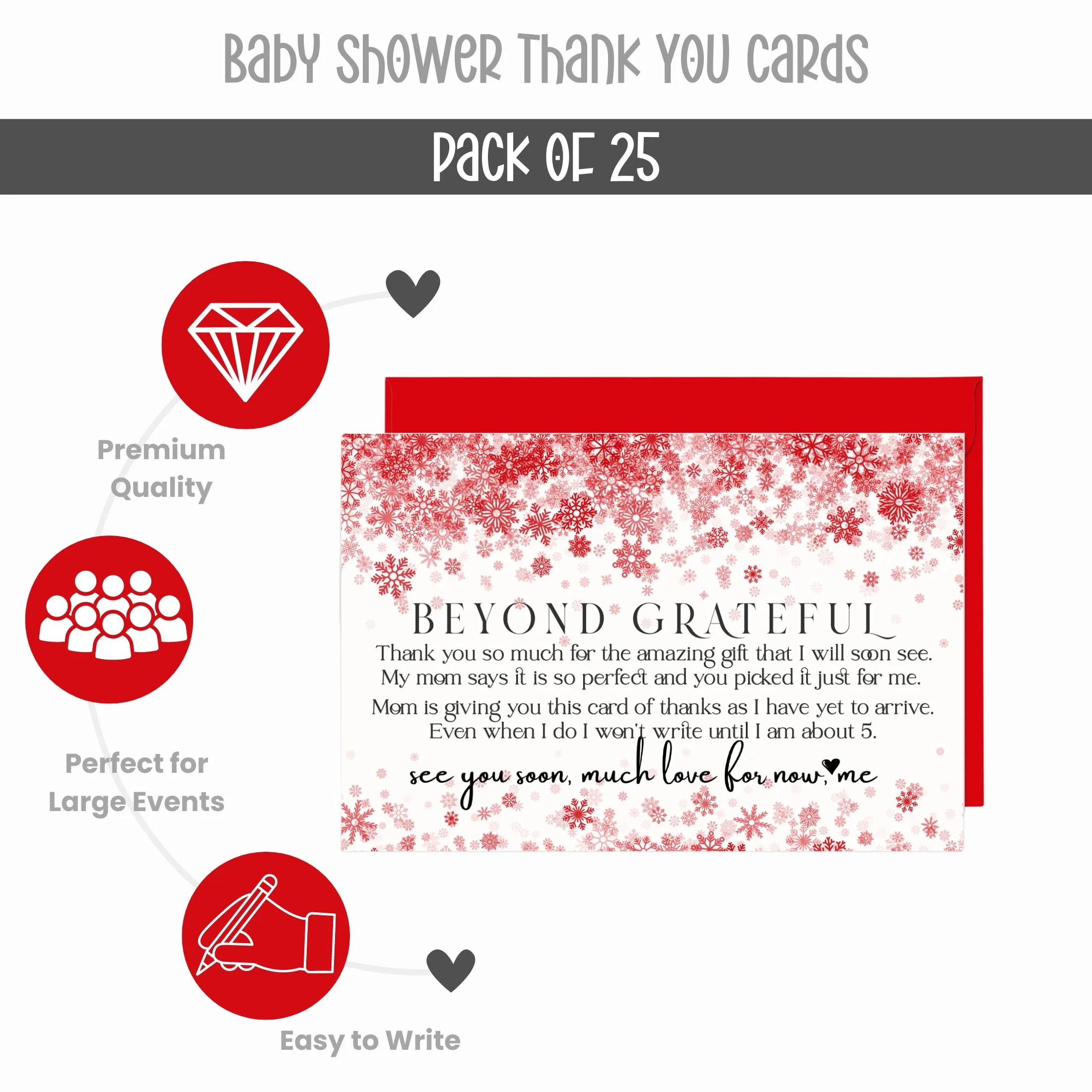 Christmas Baby Shower Thank You Cards – Red Notecards with Envelopes (Pack of 25)