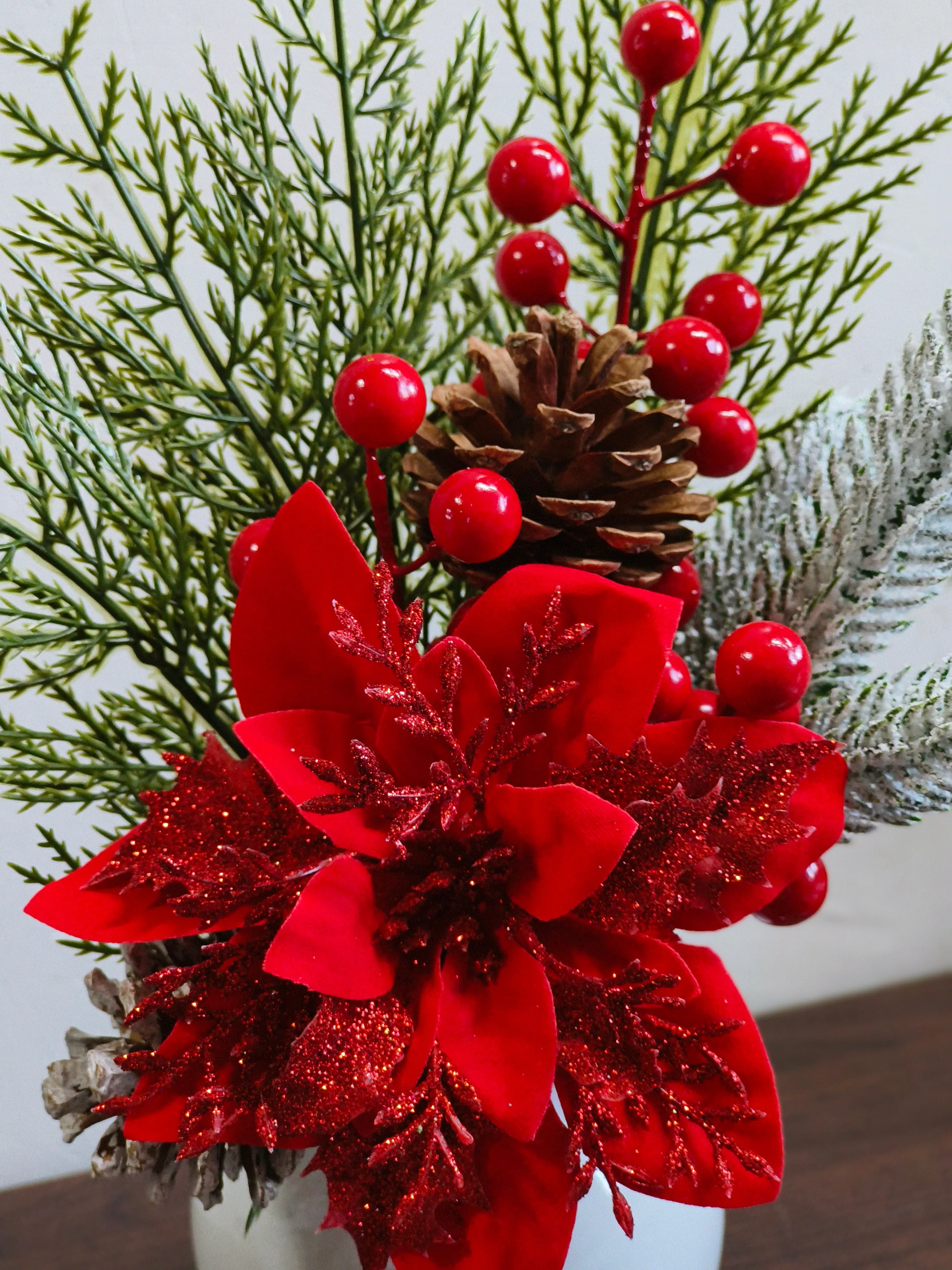 Christmas Glitter Red Poinsettia Floral Arrangement Holiday Accent