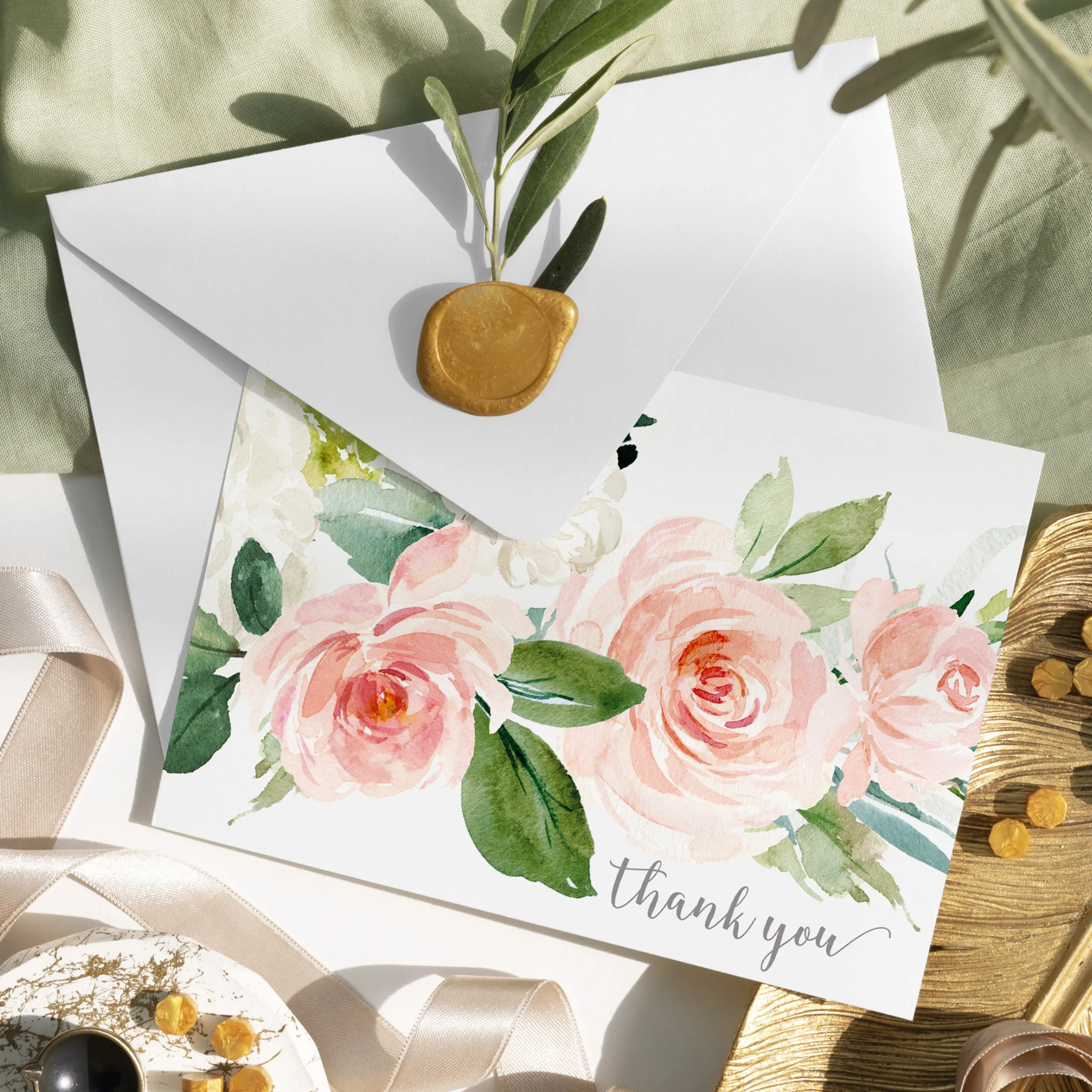 Elegant Floral Thank You Cards - Greenery Blush and Gold, 25 Notecards with Envelopes for Special Moments