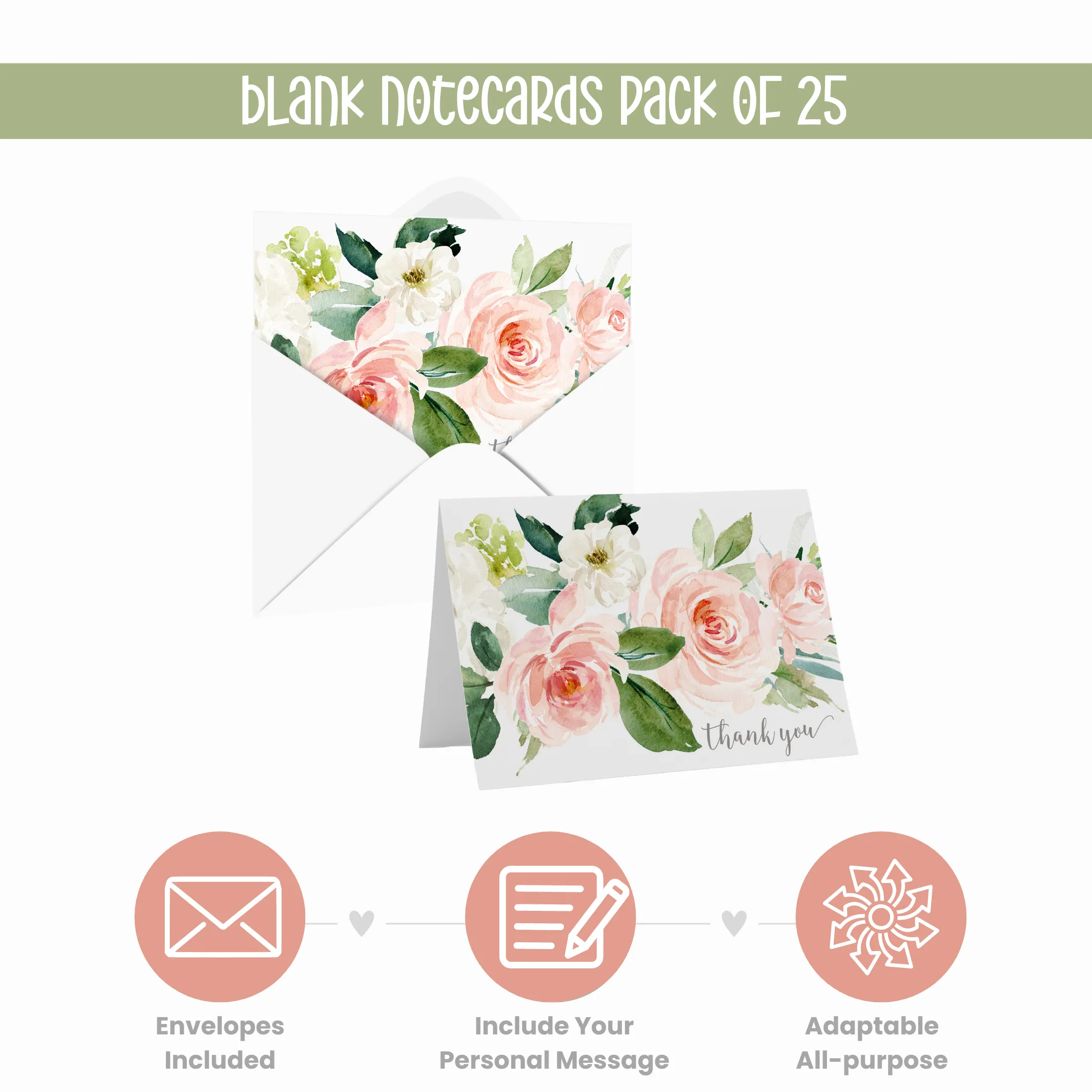 Elegant Floral Thank You Cards - Greenery Blush and Gold, 25 Notecards with Envelopes for Special Moments