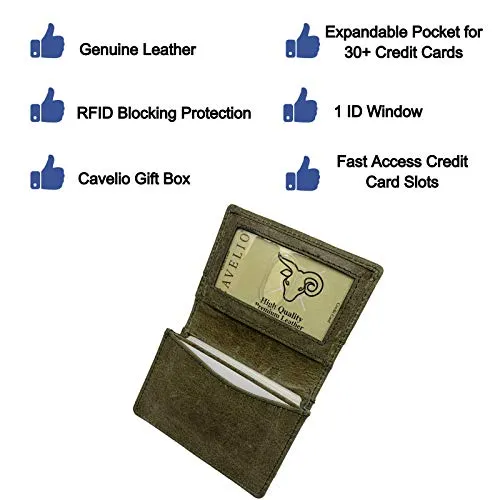 Genuine Leather Business Card Holder Name Card Case Credit Card Wallet with ID Window RFID Blocking USA Series