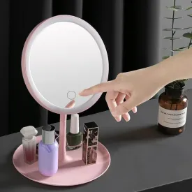 G.FIDEL Round Touch Screen Led Makeup Mirror with Storage Tray | Tabletop Vanity Mirror with Customizable 3-Color LED Lighting | Round Shape Touch Diming Portable & Foldable Travel Makeup Mirror