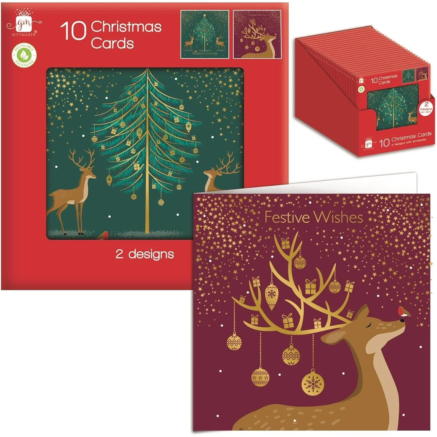 Giftmaker Contemporary Reindeer Square Christmas Cards 2 Designs - Pack of 10