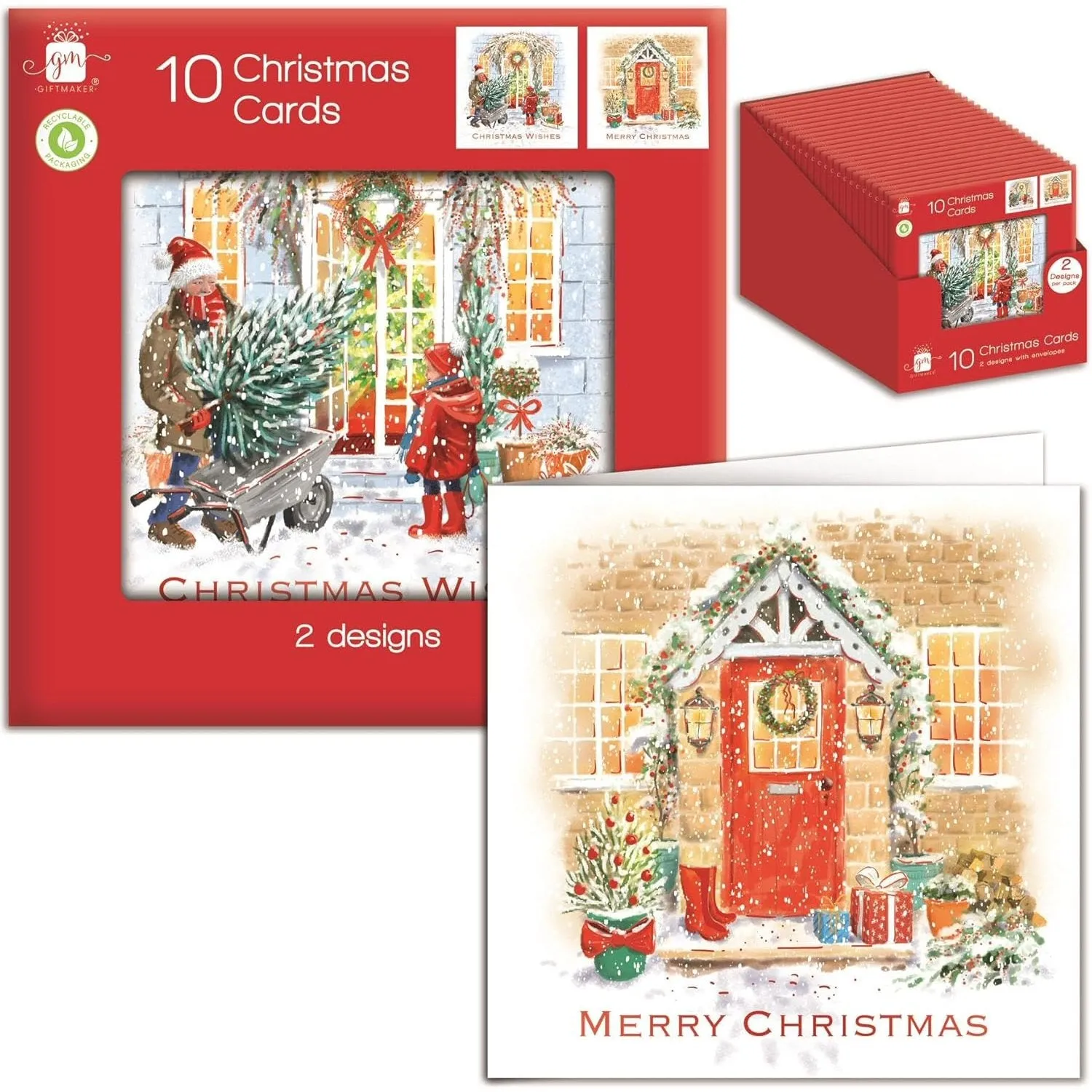 Giftmaker Decorated Front Door Square Christmas Cards 2 Designs - Pack of 10