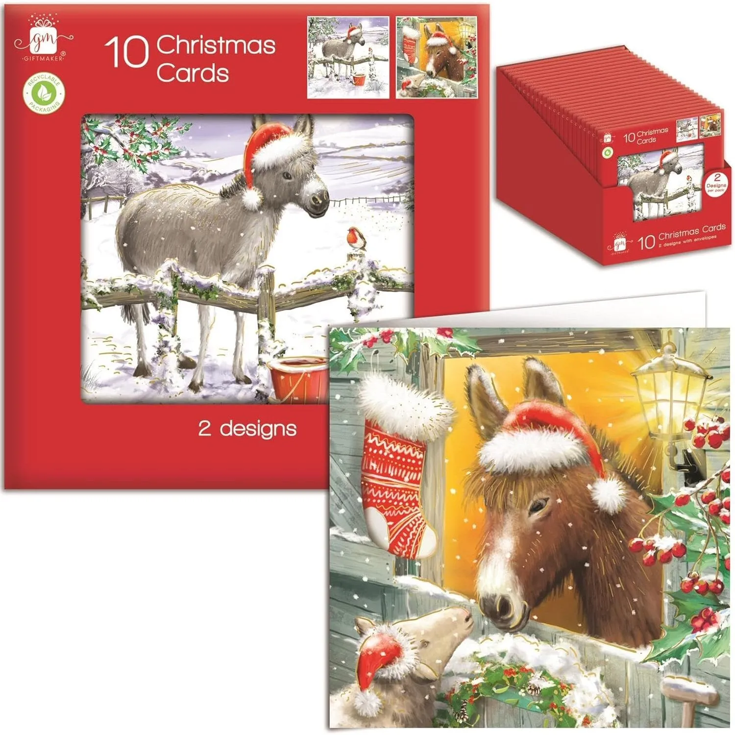 Giftmaker Donkey Square Christmas Cards 2 Designs - Pack of 10