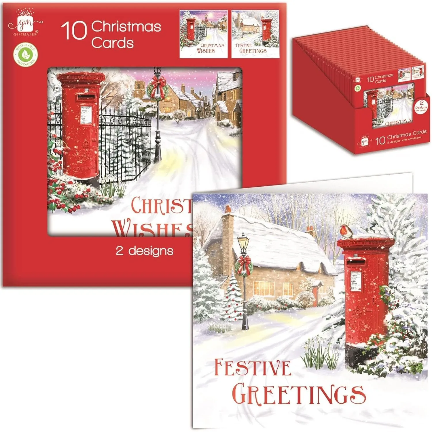 Giftmaker Festive Red Post Box Square Christmas Cards 2 Designs - Pack of 10