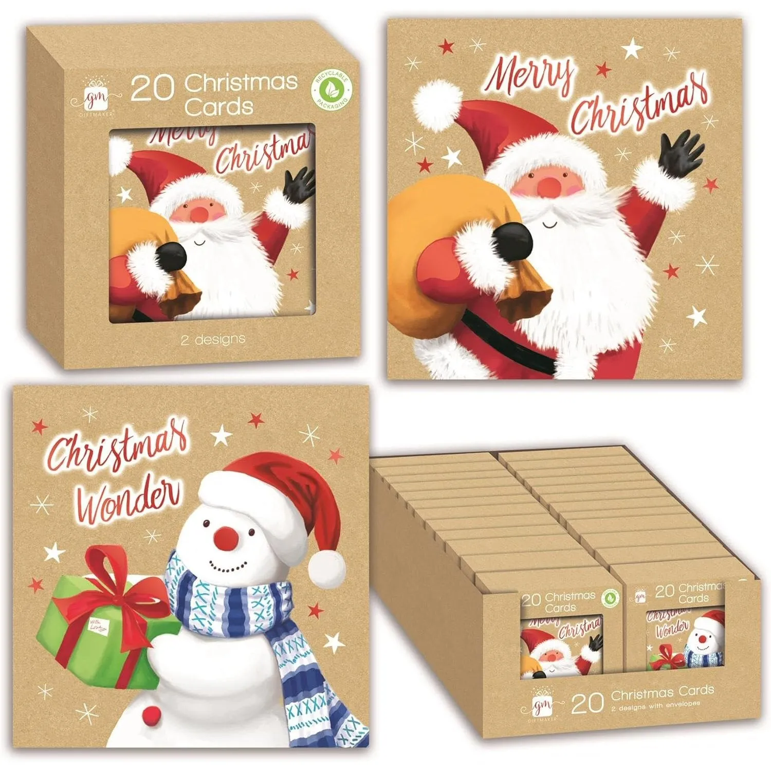 Giftmaker Traditional Santa & Sleigh Mini Square Christmas Cards 2 Designs - Pack of 20