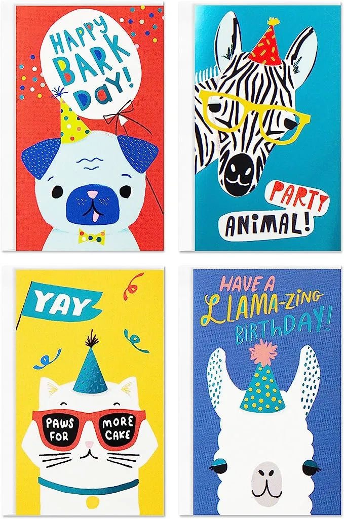 Hallmark Pack of 12 Assorted Mini Birthday Cards, 2.25" x 3.5" Cards with Envelopes (Llamas, Zebras, Dogs, Cats)