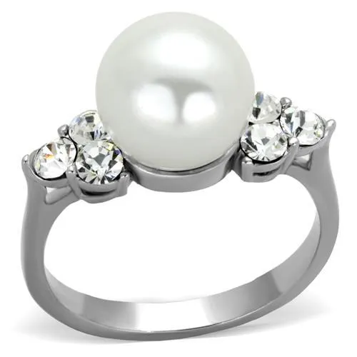 High polished (no plating) Stainless Steel Ring with Synthetic Pearl in White for Women Style TK1824