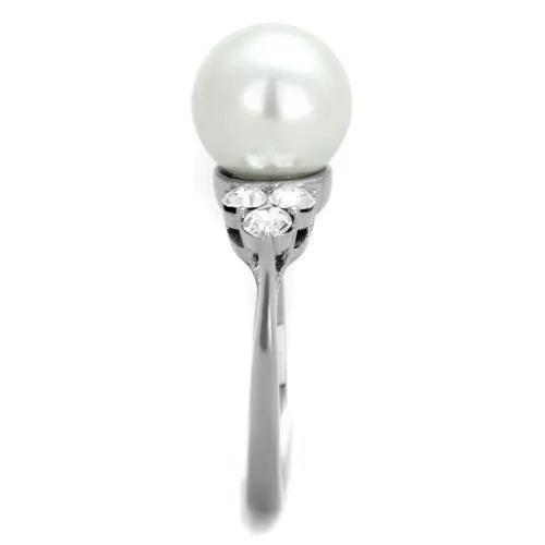 High polished (no plating) Stainless Steel Ring with Synthetic Pearl in White for Women Style TK1824