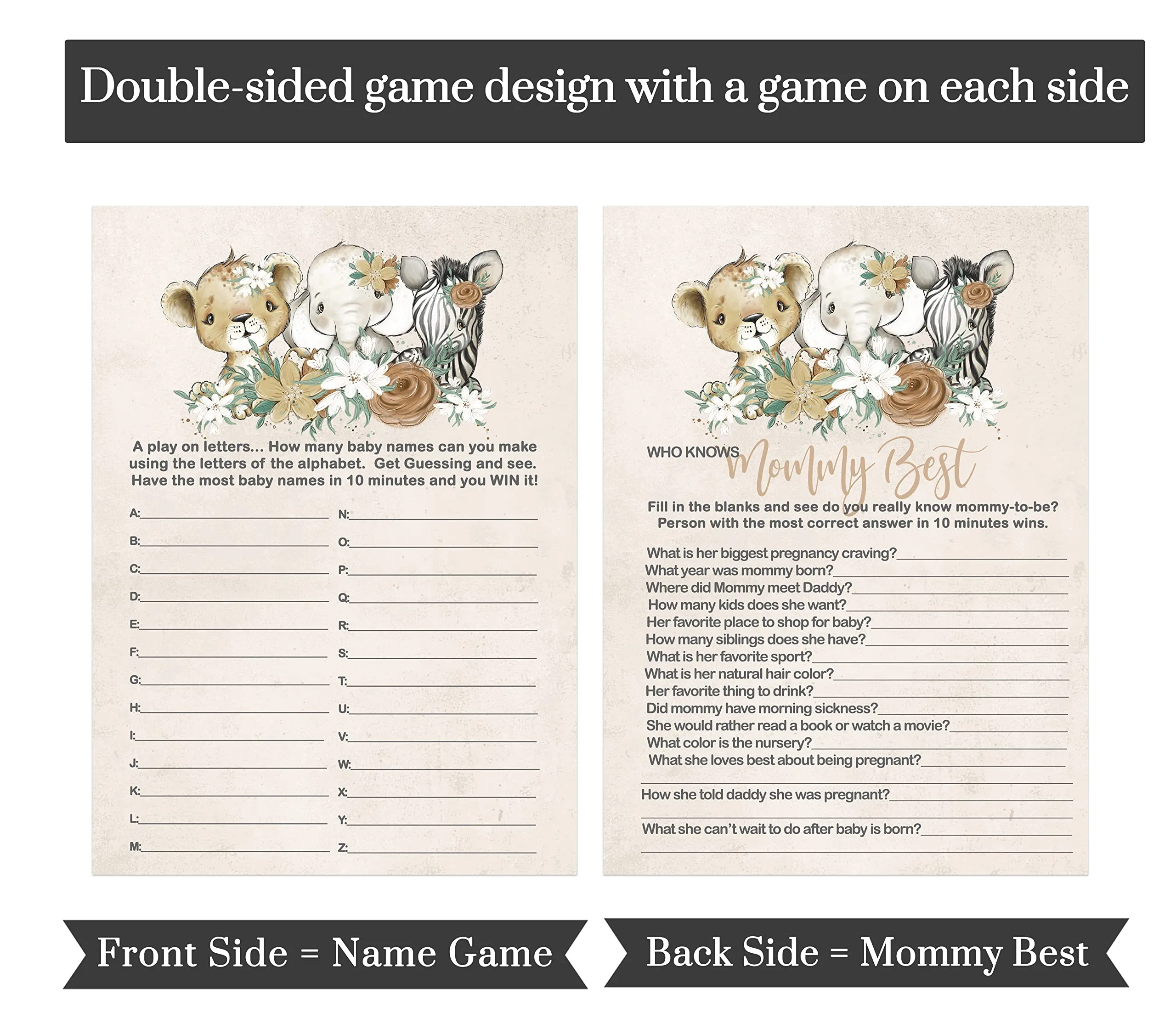 Jungle Jubilee - Flora Safari Baby Shower Game Set, Gold & Greenery, 5x7 Cards (25 ct)