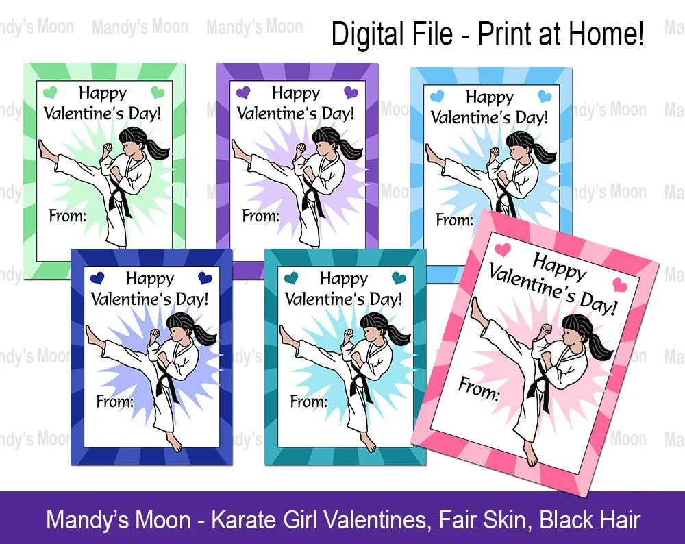 Karate Girl Valentine Cards - Digital Print at Home Valentines cards, Instant Download