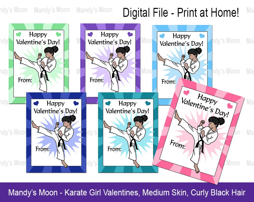 Karate Girl Valentine Cards - Digital Print at Home Valentines cards, Instant Download