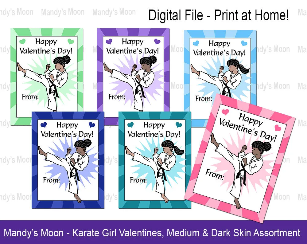 Karate Girl Valentine Cards - Digital Print at Home Valentines cards, Instant Download