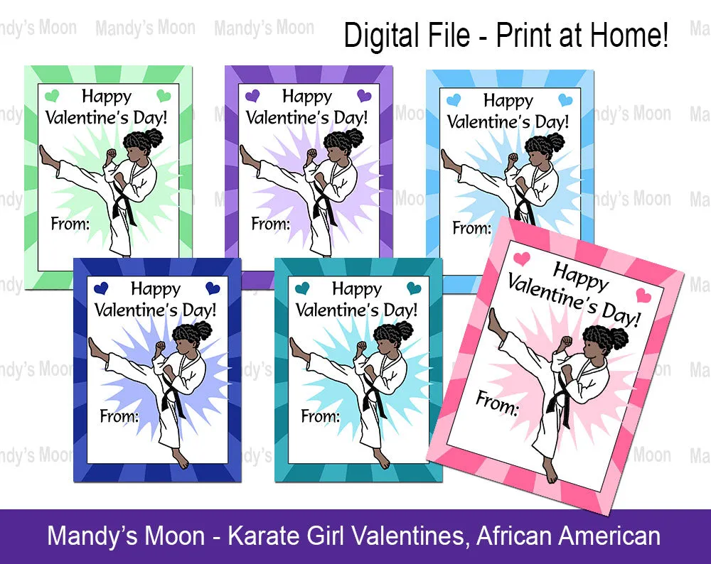 Karate Girl Valentine Cards - Digital Print at Home Valentines cards, Instant Download