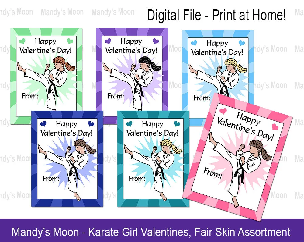 Karate Girl Valentine Cards - Digital Print at Home Valentines cards, Instant Download