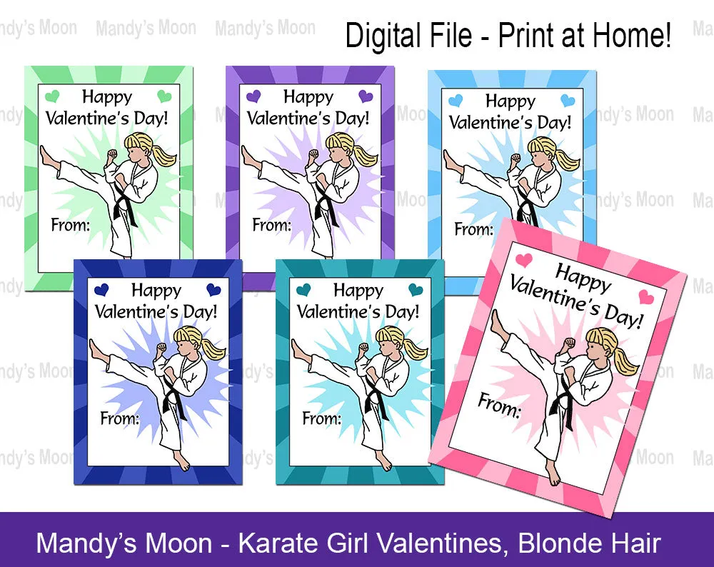 Karate Girl Valentine Cards - Digital Print at Home Valentines cards, Instant Download