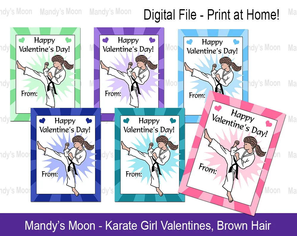 Karate Girl Valentine Cards - Digital Print at Home Valentines cards, Instant Download