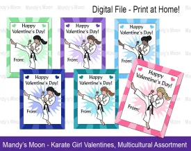 Karate Girl Valentine Cards - Digital Print at Home Valentines cards, Instant Download