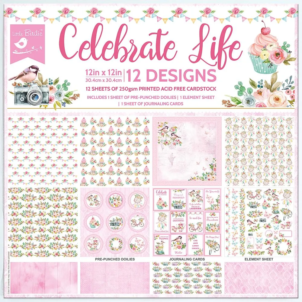 Little Birdie Cardstock Pack 12"x 12" 12 pack - Celebrate Life*