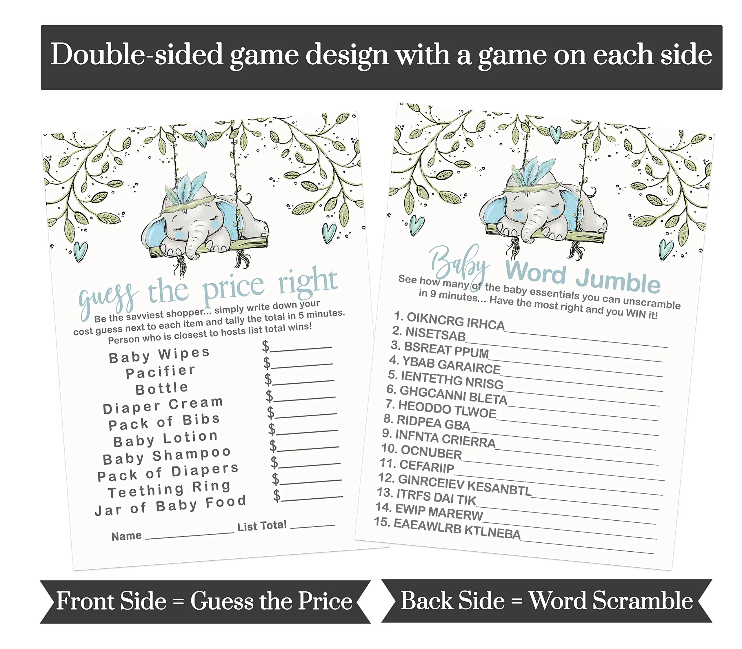 Little Peanut’s Play - Blue Elephant Baby Shower Game Set, Rustic Greenery, 5x7 Cards (25 ct)