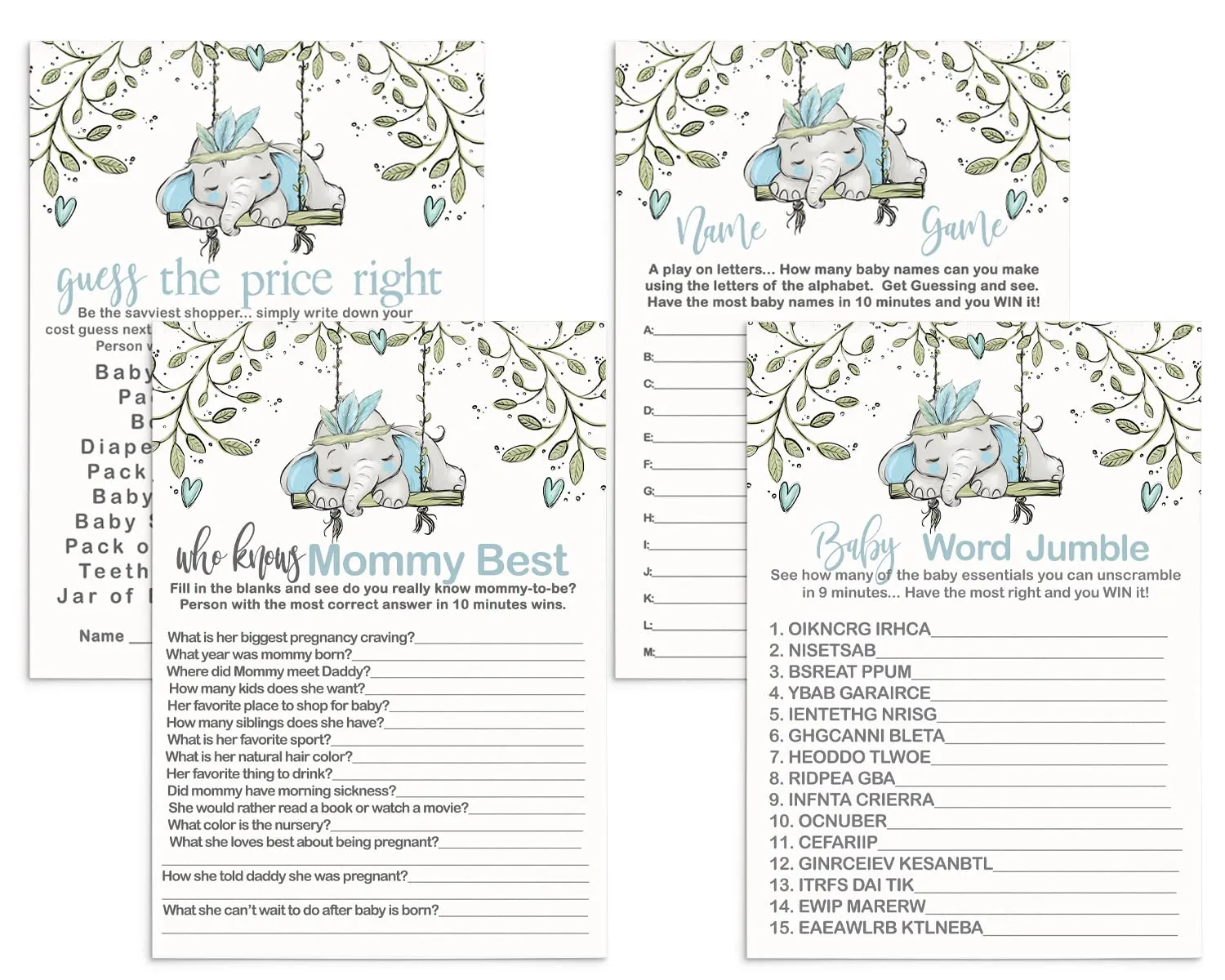 Little Peanut’s Play - Blue Elephant Baby Shower Game Set, Rustic Greenery, 5x7 Cards (25 ct)