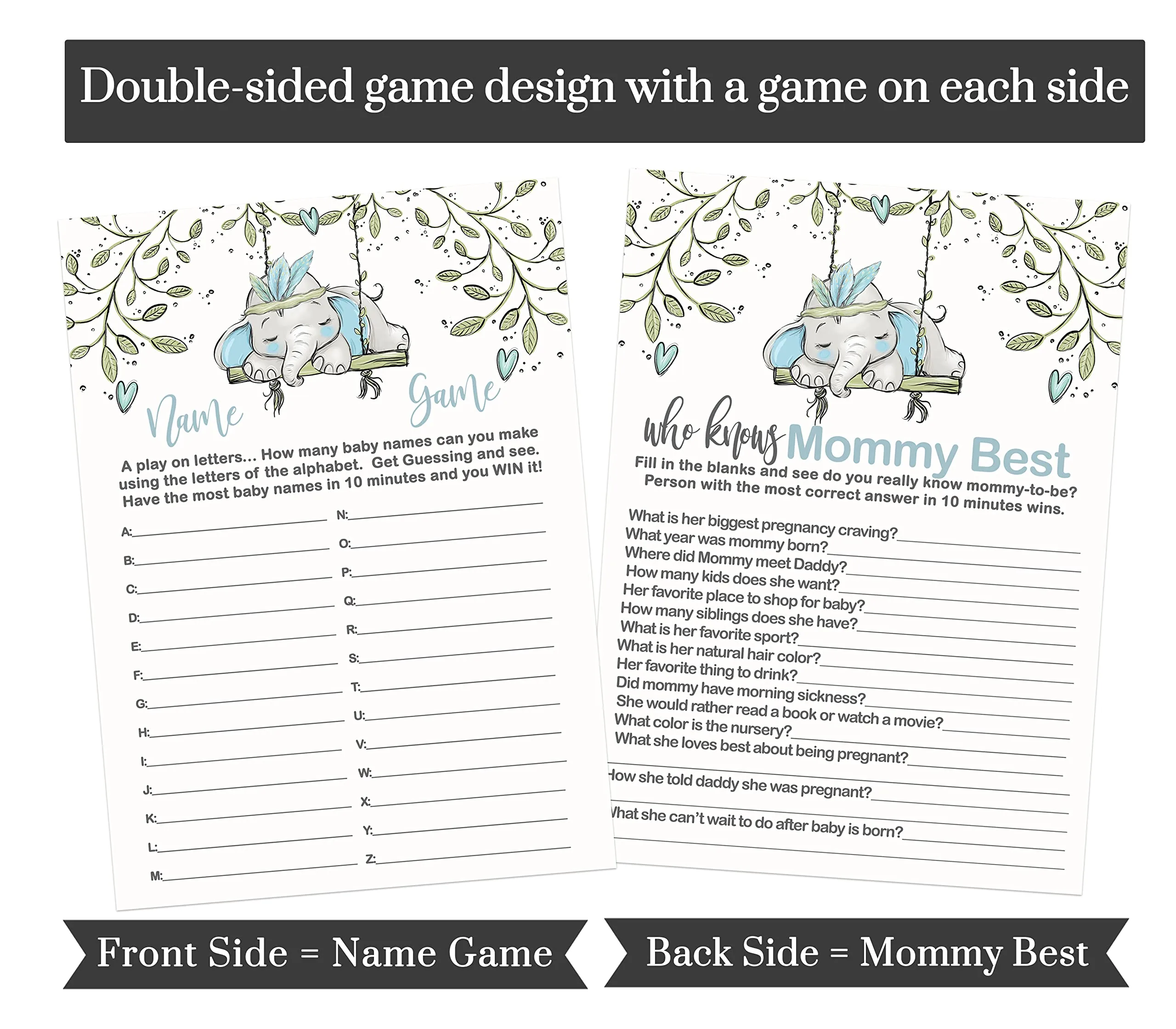 Little Peanut’s Play - Blue Elephant Baby Shower Game Set, Rustic Greenery, 5x7 Cards (25 ct)