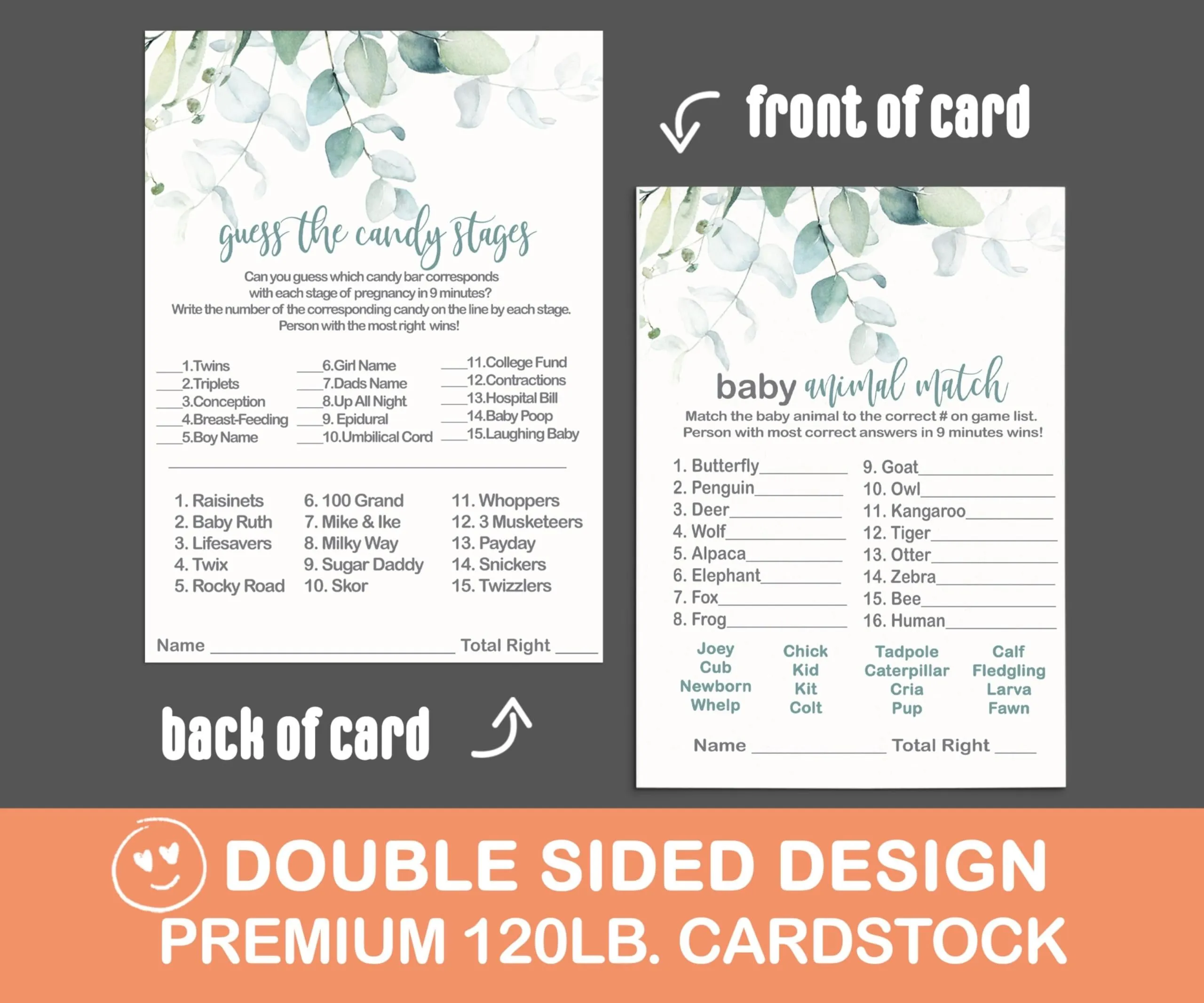 “Nature’s Nurture” - Rustic Eucalyptus Baby Shower Game Bundle, 5x7 Cards (25 ct)