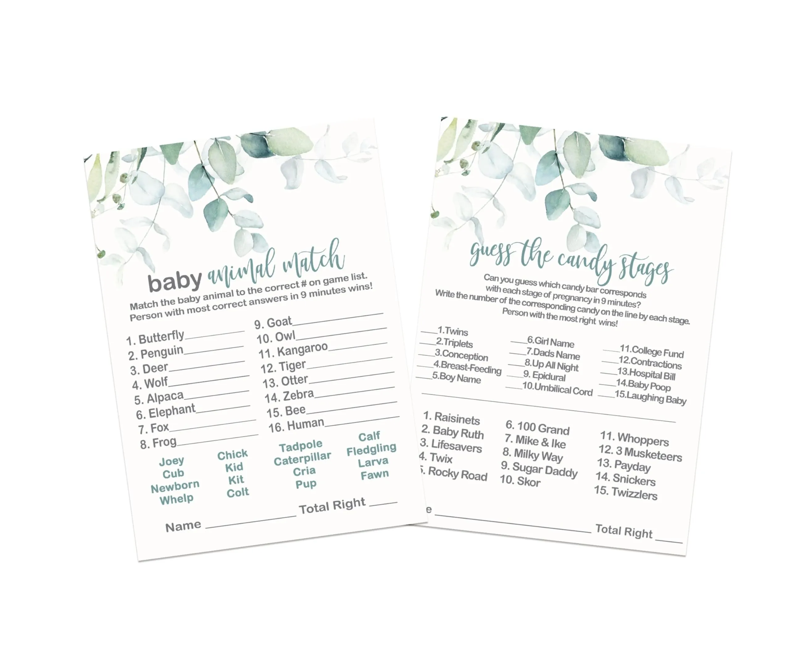 “Nature’s Nurture” - Rustic Eucalyptus Baby Shower Game Bundle, 5x7 Cards (25 ct)