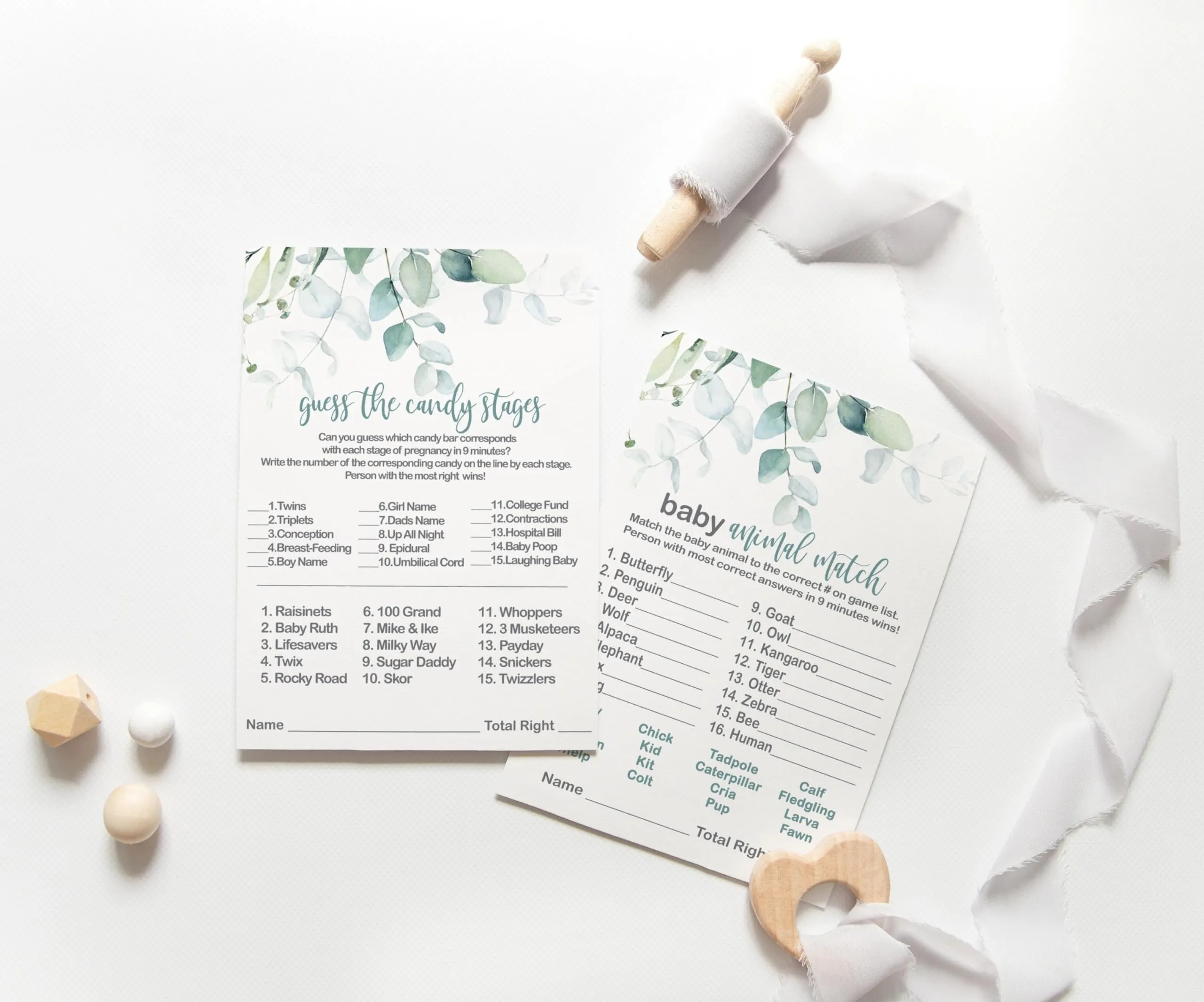 “Nature’s Nurture” - Rustic Eucalyptus Baby Shower Game Bundle, 5x7 Cards (25 ct)